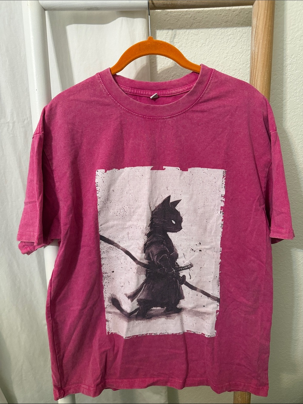 Womens Magenta Graphic Samurai Cat Sweatshirt Tee
